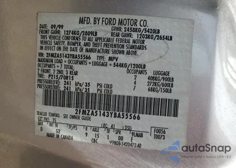 2000 Ford Windstar Lx z USA, uszkodzony, nr VIN 2FMZA5143YBA55566